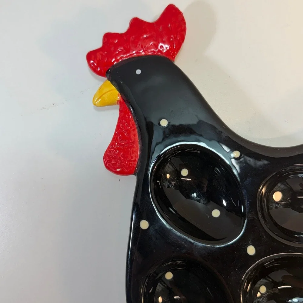Rooster Deviled Egg Platter LTD Commodities Black Red Polka Dot Ceramic Deviled